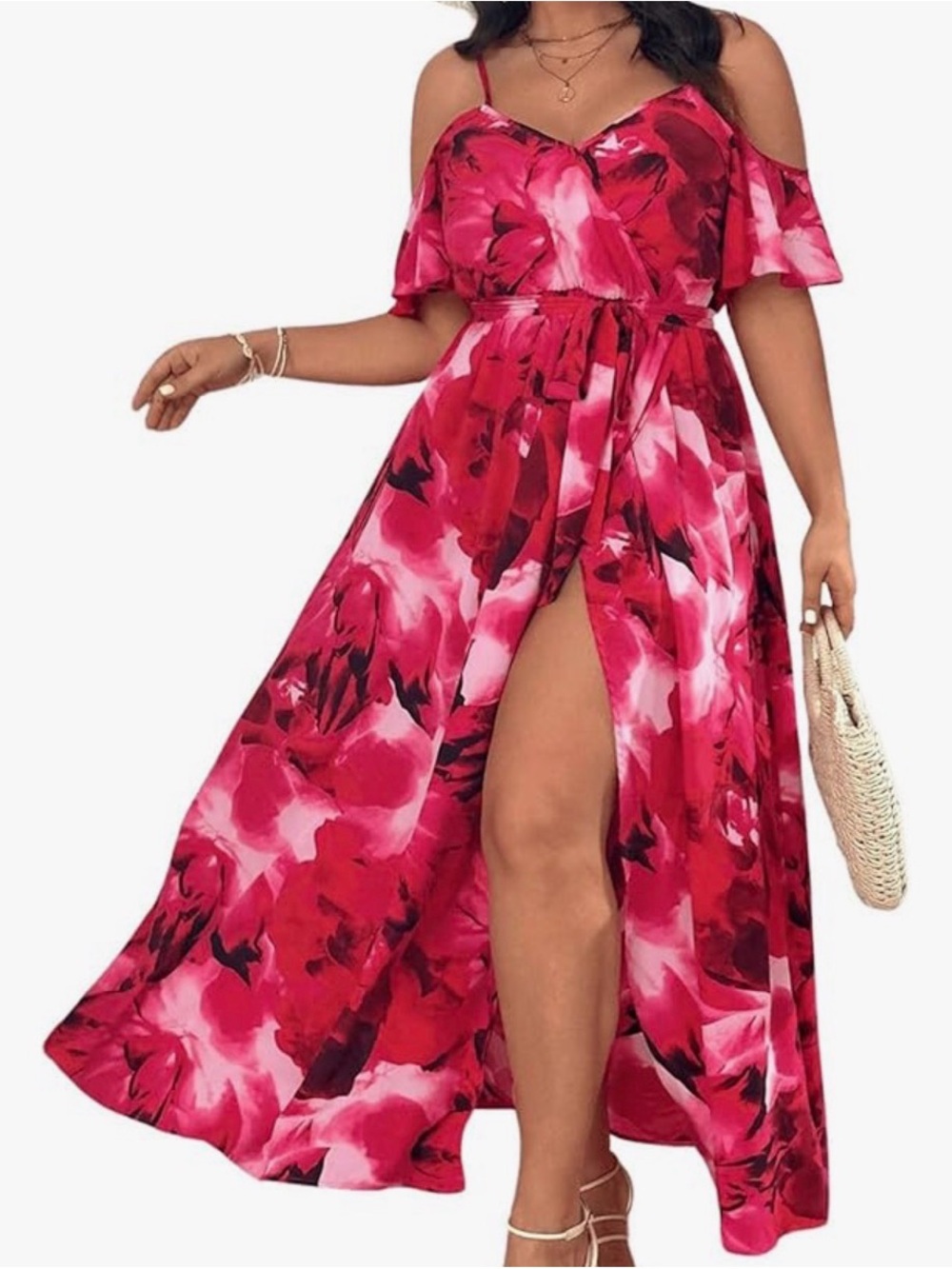 Cold-Shoulder Pink Floral Maxi Dress with Side Slit